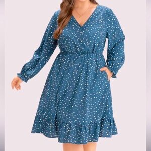 BloomChic Teal Blue & White Polka Dot Long Sleeve Pocket Midi Dress 1X 14-16